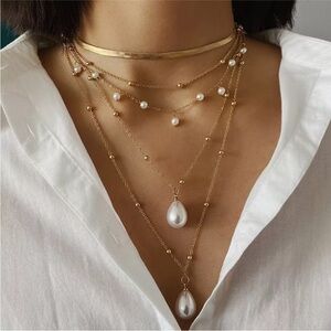 Retro Metal Multilayer Rice Beads Pearl Necklace Ladies Jewelry Gift
